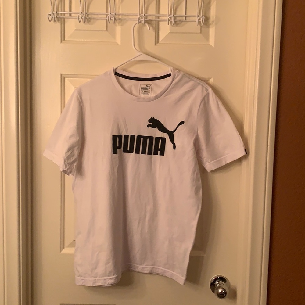 Puma. Men’s White Short Sleeve Tee with Black puma logo. Size Small
